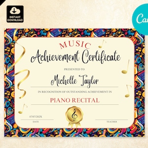 Certificate of Achievement for Music Recital,  Printable Music Festival Certificate for Piano Violin or Any Instrument Teachers, 010