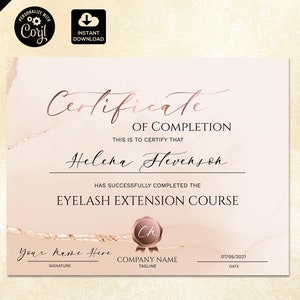 Certificate of Completion, Lashes Certificate Template,  Blush Pink Printable Certificate, Lash Extension Instant Download, Blush Pink 169