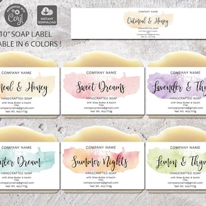 May include: Six different soap label designs with watercolor backgrounds. The labels feature the names "Oatmeal & Honey", "Sweet Dreams", "Lavender & Thyme", "Winter Dream", "Summer Nights", and "Lemon & Thyme". Each label includes the text "Handcrafted Soap" and the company name.
