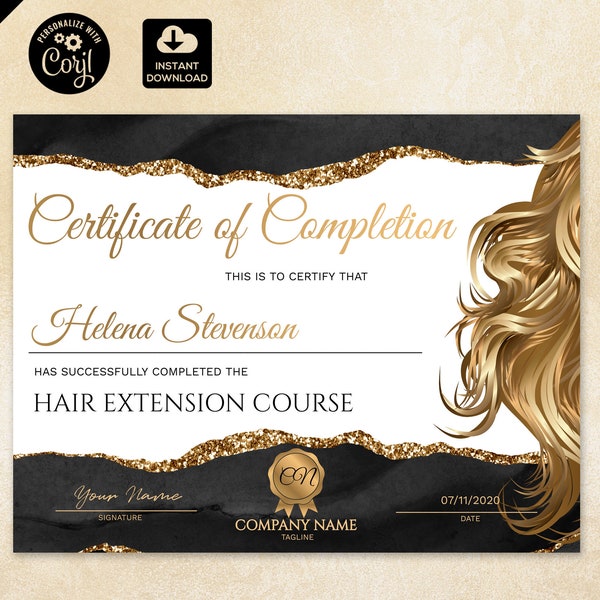 Certificat d’achèvement, modèle de certificat d’extension de cheveux, certificat imprimable en or agate, coiffeur téléchargement instantané, 072