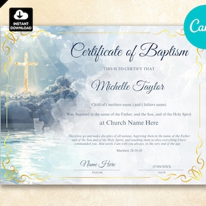 Water Baptism Certificate Template | Christian Church Printable | Religious Keepsake | Canva Editable Digital Download can073