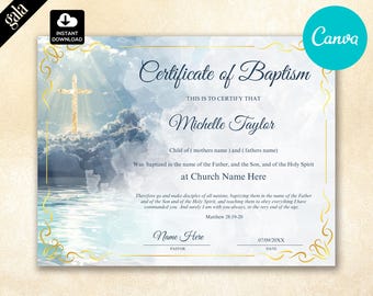 Modello di certificato per battesimo in acqua / Stampabile per chiesa cristiana / Ricordo religioso / Download digitale modificabile su Canva can073