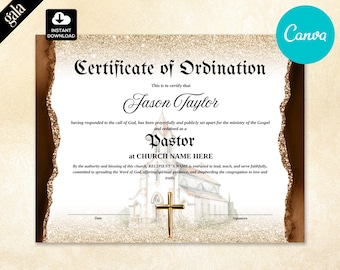 Editable Pastor Certificate of Ordination: Church Leadership Appreciation (Canva Template, PDF Download)