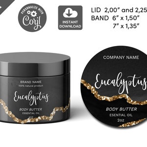 Wrap Around Label Template,  Body Butter Label, Candle Jar Label, Body Product template, Lotions, Circle Lid Jar Label, Agate Black 004