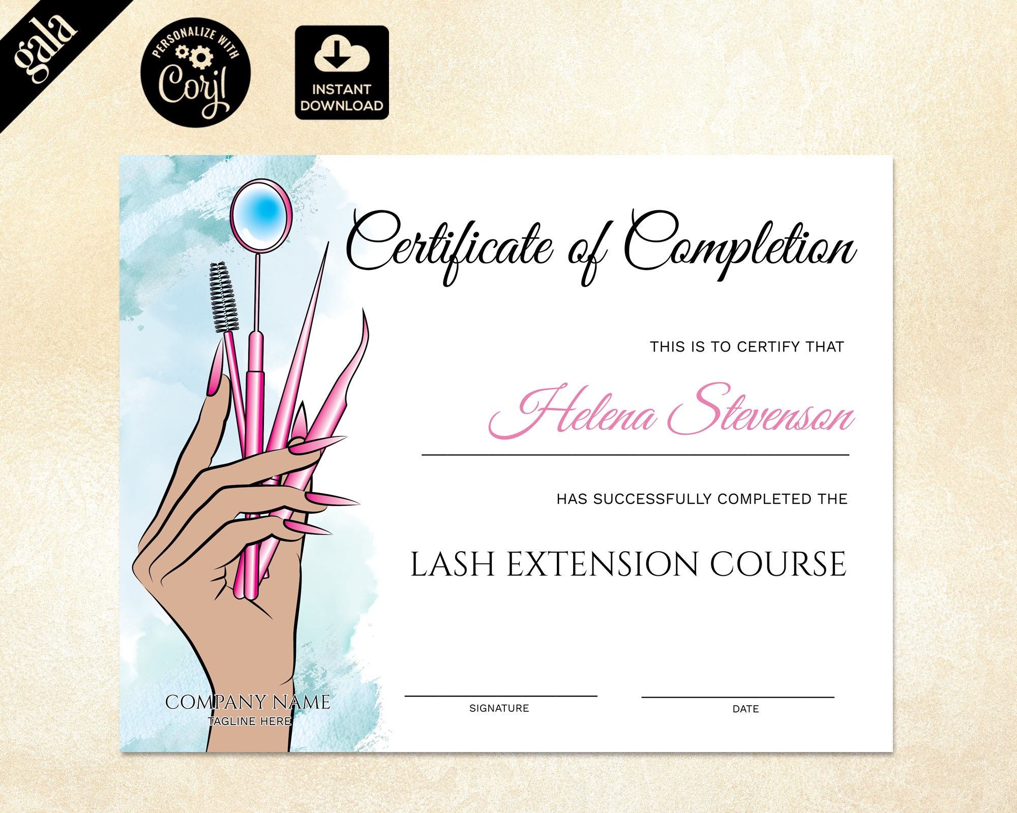 Certificate of Completion Lashes Certificate Template Blue Etsy