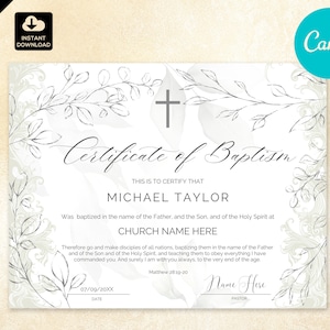 Certificado de Bautismo para la Iglesia, Certificado de Bautismo, Certificado de Bautismo en Agua de Oro Moderno CAN 045
