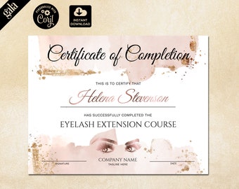Lash Extension Certificate of Completion: Blush Pink Template