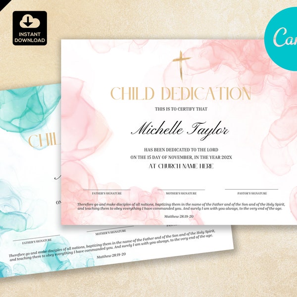 Child Dedication Certificate Template of Church Baptism with Water, Baby Dedication Gift CAN 020