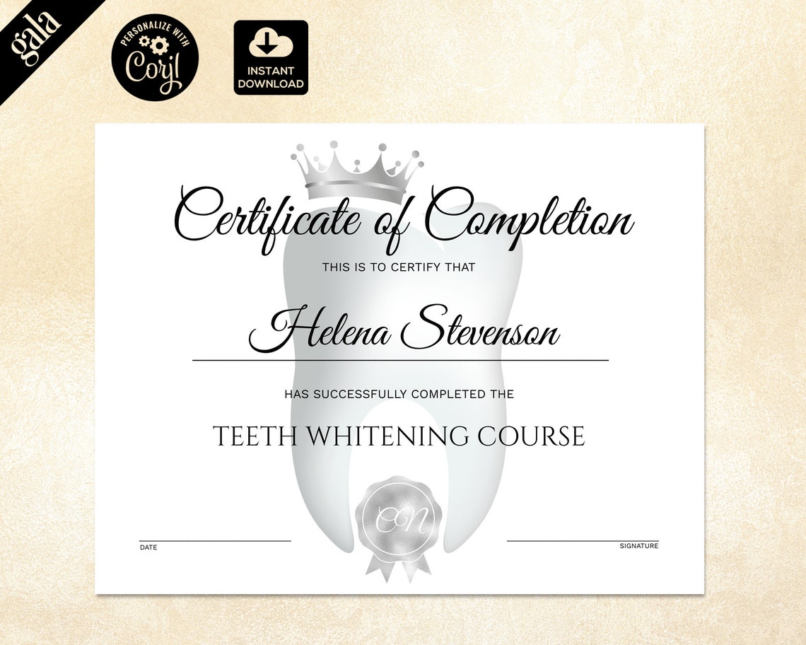 Certificate of Completion Teeth Whitening Certificate Etsy