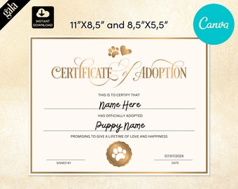 Adoption Certificate Template | Dog / Puppy Adoption Certificate for Pet Lovers | Editable Canva Template 001