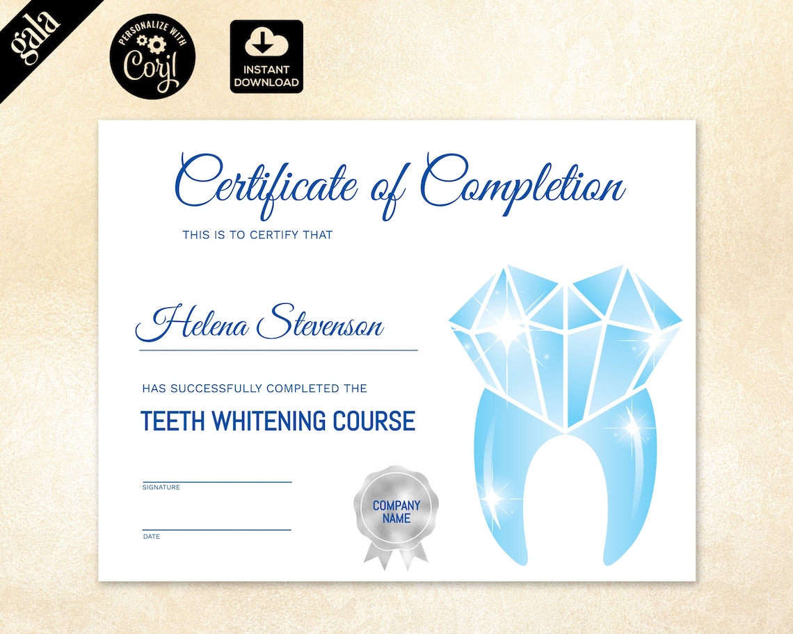 Certificate of Completion Teeth Whitening Certificate Etsy
