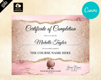 Plantilla de certificado de finalización de curso de belleza, diseño con purpurina rosa (Canva, imprimible) 142