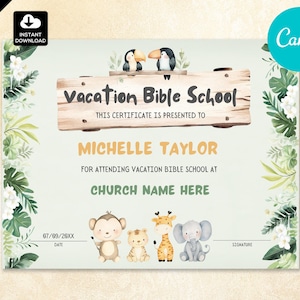 Jungle Themed VBS Certificate | Cute Vacation Bible School Certificate of Completion | VBS Summer Camp Certificate  006