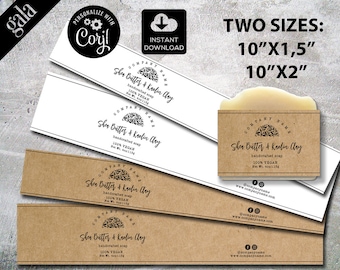 May include: Two printable soap label designs in two sizes: 10 inches by 1.5 inches and 10 inches by 2 inches. The labels are brown and white with black text and a black and white graphic of leaves. The text on the labels reads "Company Name", "Shea Butter & Kaolin Clay", "Handcrafted Soap", "100% Vegan", and "Net Wt. 4 oz/113g".