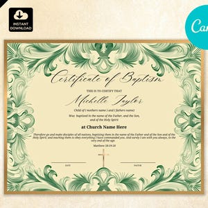 Plantilla de Canva para hacer tú mismo: certificado de bautismo con vegetación en acuarela CAN 063