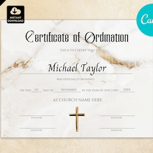 Certificado de Ordenación Ministro, certificado de ordenación, Pastor, Diácono 002