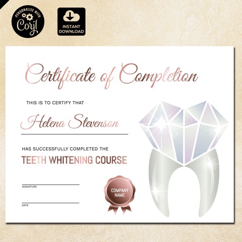 Certificate of Completion Teeth Whitening Certificate Etsy