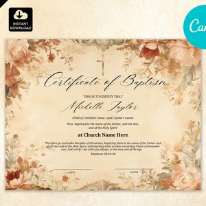 Plantilla editable de Canva para certificado de bautismo para iglesia, certificado de bautismo, CAN 062