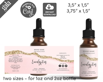 Editable Product Label  Blush Pink Agate Dropper Bottle Label Template(1oz 2oz)