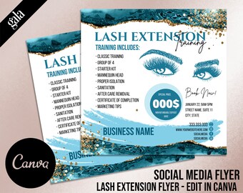 Lash training course, Lash Class, Lash Extension Course, Social Media Lash Flyer, Lash template, Teal Canva Flyer 004