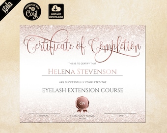 Certificate of Completion, Certificate Template,  Rose Gold  Lashes  Printable Certificate, Lash Extension Instant Download, certificate 036