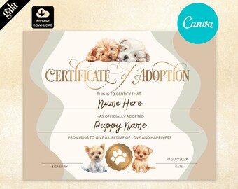 Edytowalny certyfikat adopcji psa: szablon Canva (do pobrania w wersji cyfrowej)