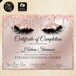 Abschlusszertifikat, Wimpern Zertifikatsvorlage, Rose Gold druckbare Zertifikat, Wimpern Verlängerung Sofort-Download, Zertifikat 122