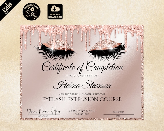 Certificate of Completion Lashes Certificate Template Rose Gold Printable Certificate Lash Extension Instant Download Certificate 122 Etsy