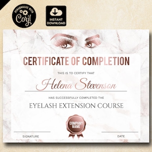 Certificate of Completion, Lashes Certificate Template,  Rose Gold Printable Certificate, Lash Extension Instant Download, certificate 011