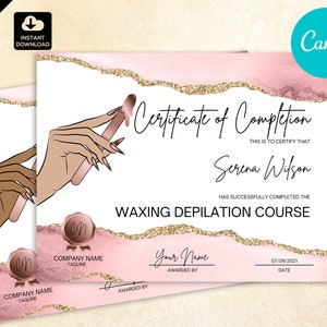 Waxing Certificate of Completion, Wax Certificate Template,   Depilation  Certificate,  Waxing Depilation Training Certificate, Canva CAN053