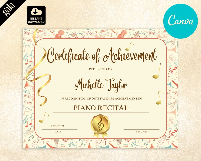 Music Recital Certificate of Achievement: Printable Canva Template (DIY ...