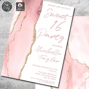 Blush Pink Agate Sweet 16 Invitation (Digital Download)