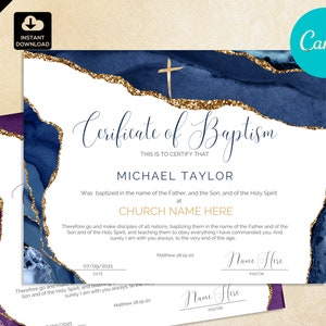 Plantilla de certificado de bautismo, certificado de bautismo hecho a mano, certificado de bautismo en agua azul marino y dorado, regalo de bautismo de bebé CAN 006