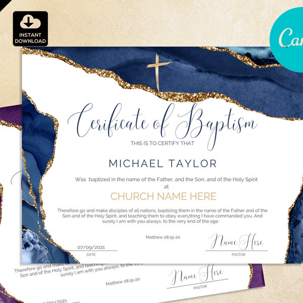 Baptism Certificate Template, DIY Certificate of Baptism, Navy Blue Gold Water Baptism Certificate, Baby Baptism Gift CAN 006