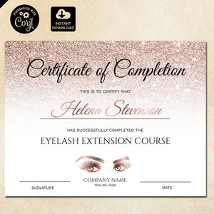 Certificate of Completion, Lashes Certificate Template,  Rose Gold Printable Certificate, Lash Extension Instant Download, certificate 014