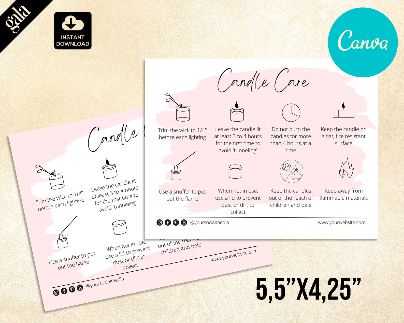 Candle Care Instructions Printable Candle Care Template Pink Etsy