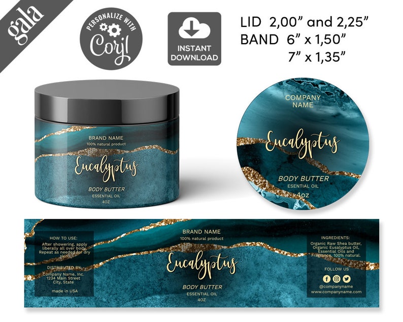 May include: A teal and gold body butter jar with a black lid, labeled "Eucalyptus." The design includes a matching lid label and a band label, with text indicating the product is 100% natural. The jar is 2.00" and 2.25" in diameter.