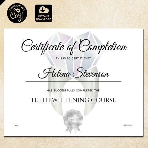 Teeth Whitening Training Certificate Template Dentist Course Etsy