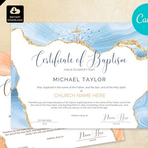 Plantilla de certificado de bautismo, certificado de bautismo de bricolaje, certificado de bautismo en agua de oro azul, regalo de bautismo de bebé CAN 041