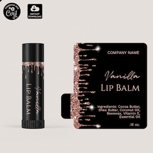 May include: A black lip balm tube with a rose gold glitter drip design and the text "Vanilla Lip Balm". The label also includes the company name and a list of ingredients.