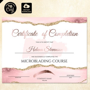 Abschlusszertifikat, Make-up-Zertifikatsvorlage, druckbares Zertifikat in Rosegold, Brauenformungskurs, Microblading, Brauenformung 200