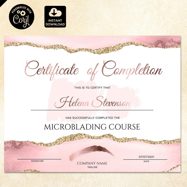 Certificat d’achèvement, modèle de certificat de maquillage, certificat imprimable en or rose, cours de mise en forme des sourcils, microblading, mise en forme des BROW 200