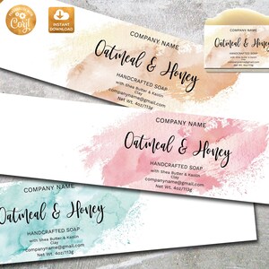 May include: Three printable labels for handmade oatmeal and honey soap. The labels feature a watercolor background in peach, pink, and teal. The text on the labels reads "Oatmeal & Honey" and includes the words "Handcrafted Soap", "with Shea Butter & Kaolin Clay", "companyname@gmail.com", and "Net Wt. 4oz/113g".