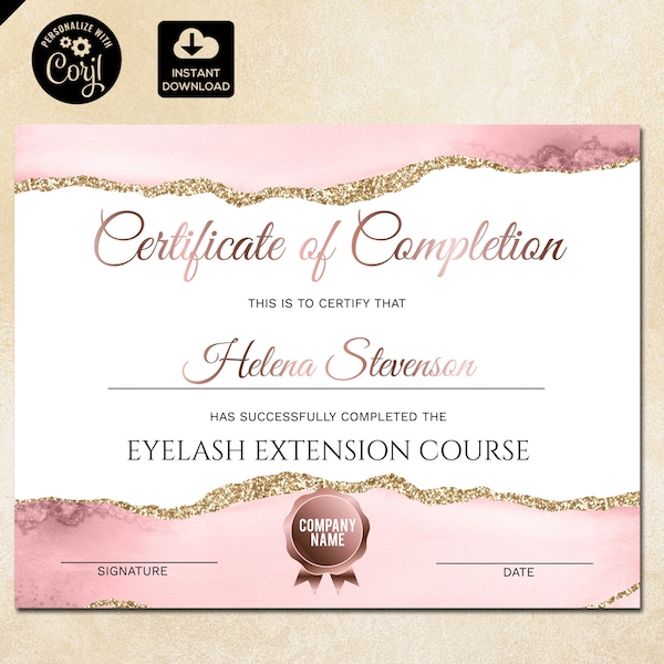 Certificate of Completion, Lashes Certificate Template,  Blush Pink Printable Certificate, Lash Extension Instant Download, certificate 019