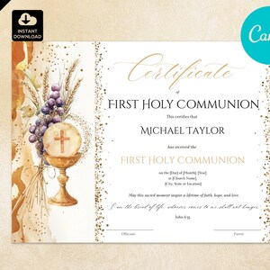 Plantilla de certificado de primera comunión (CANVA) y certificado de iglesia (CAN 067)