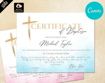 May include: A Certificate of Baptism template featuring a gold watercolor cross, the text "CERTIFICATE of Baptism", "Michael Taylor", and "MATTHEW 28:19-20". The design includes a blue watercolor wash at the bottom and placeholders for date and pastor.