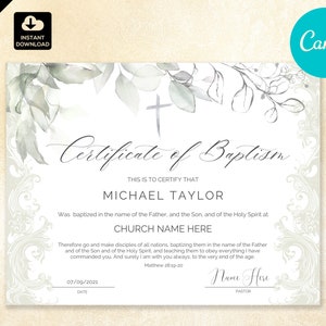 Plantilla DIY de Certificado de Bautismo en Canva con elementos florales en acuarela CAN 043