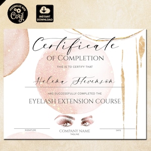 Certificate of Completion, Lashes Certificate Template,  Rose Gold Printable Certificate, Lash Extension Instant Download, certificate 048