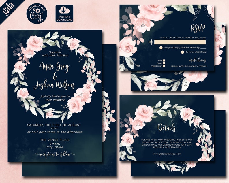 Blush Pink Botanical Wedding Invitation Navy Wedding Invitation Template Blush watercolor Invitation Luxury Wedding 003 Modern Elegant