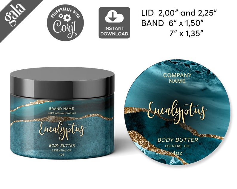 May include: A teal and gold body butter jar and lid with the word "Eucalyptus" in gold script. The jar is labeled "Body Butter Essential Oil 4oz". The lid is 2.00" and 2.25" in diameter. The band is 6" x 1.50" and 7" x 1.35".